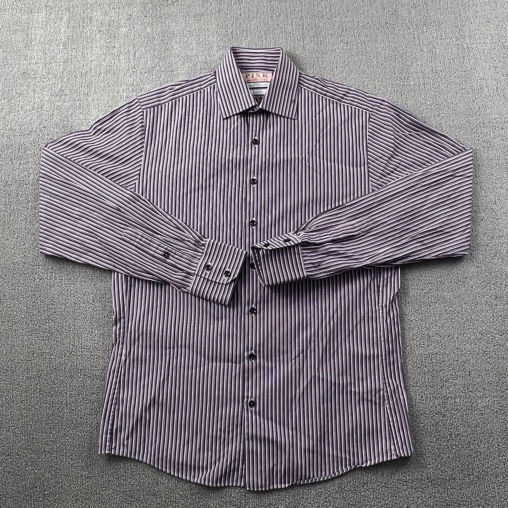 Thomas Pink Shirt Adult Size 15.5 - 38 Striped Button Up Long Sleeve Casual Mens